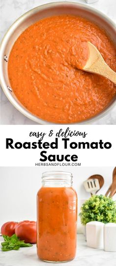 easy and delicious roasted tomato sauce in a bowl with a wooden spoon on the side