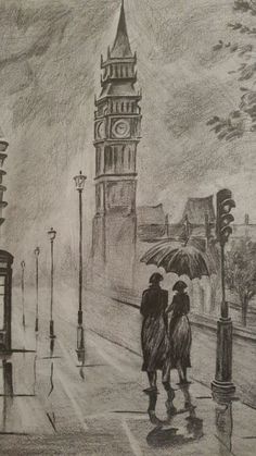 a drawing of two people walking down the street in the rain with an umbrella over their heads