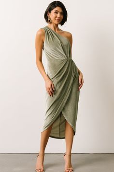 Kourtney Velvet One Shoulder Midi Dress | Sage Chic Sleeveless Velvet Midi Dress, Chic Green One-shoulder Ruched Dress, Mog Dresses, One Shoulder Tank, Dress Sage, One Shoulder Midi Dress, Baltic Born, Dress One Shoulder, Tulip Skirt