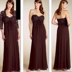 three different pictures of a woman in a long dress