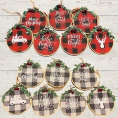 twelve christmas ornament designs with red and black buffalo plaid, pine cones, holly wreaths, deer antlers, truck