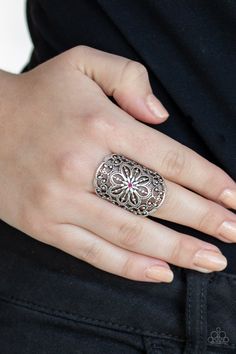 Dotted with a dainty pink rhinestone center, silver floral filigree branches out across the finger, coalescing into a whimsical frame. Features a stretchy band for a flexible fit. Sold as one individual ring. P4WH-PKXX-220XX Paparazzi Accessories Jewelry, Floral Filigree, Soldering Jewelry, Paparazzi Accessories, Filigree Ring, Boutique Design, Pink Ring, Paparazzi Jewelry, Pink Rhinestones