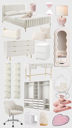 an assortment of white furniture and accessories