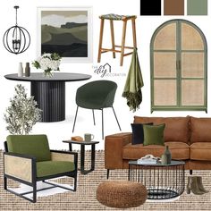 a living room filled with furniture and decor items in shades of brown, green, and beige