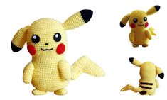 crocheted pikachu and bee amigurt dolls are shown in three different poses