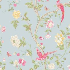 a blue wallpaper with pink and yellow flowers, birds and butterflies on it's branches