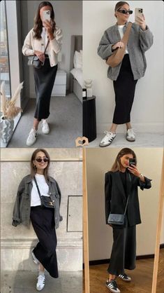 Business With Sneakers Outfit, Sambas Fall Outfits, Samba Work Outfit, Maxi Skirt Sneakers Outfit, Black Trousers Outfit Casual Sneakers, Modest Night Out Outfit, Skirt With Sambas, Knit Skirt Outfit Winter