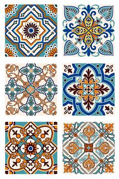 four different colored tile designs on a white background, each with an orange and blue design