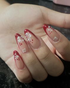 hibiscus summer nails Nails Design Floral, Red French Tip Hibiscus Nails, Aura Hibiscus Nails Almond, Tropical Red Nails, Hawaiian Christmas Nails, Red And White Flower Nails, Flower Themed Nails, Red Nail Flower, Red Hibiscus Nails