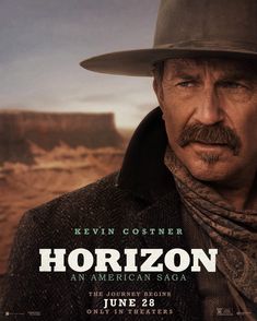 a man in a hat and coat standing next to an open desert area with the words horizon on it