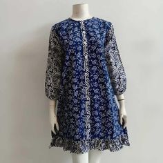 Standard Size: Size S Bust 90 cm Size M Bust 94 cm Size L Bust 98 cm Size XL Bust 104 cm Size XXL Bust 110 cm Size XXXL Bust 120cm dress length 90 cm Fabric 100% cotton Fashions batik cloth, Soft Fabric Neat stitches How to care for Batik clothes 1. Batik clothes should be washed using lerak liquid or soap and not soaked so that the color lasts 2. Don't dry it directly in the sun, just let it air out so the color doesn't fade quickly. 3. We recommend that when storage is hung, if it is folded, i Blue Batik Print Dress For Spring, Casual Blue Dress With Batik Print, Blue Long Sleeve Dress With Printed Motifs, Blue Bohemian Batik Print Dress, Blue Bohemian Dress With Batik Print, Bohemian Blue Batik Print Dress, Indigo Batik Print Dress, Blue Cotton Dress With Paisley Print, Blue Block Print Dress With Short Sleeves