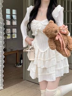 S front middle length 58cm, bust 74cm, waist 56cm, sleeve 65cm M front middle length 59cm, bust 78cm, waist 60cm, sleeve 66cm L front middle length 60cm, bust 82cm, waist 64cm, sleeve 67cm Spring Fairycore Dress With Doll Collar, Fairycore Doll Collar Dress For Spring, Fairycore Doll Collar Spring Dress, Fairycore Dress With Square Neck And Ruffles, White Vintage Mini Dress With Ruffles, Cute Mini Length Ruffle Dress, White Vintage Dress With Ruffles, Cute White Vintage Dress With Ruffles, Cute White Vintage Dress With Doll Collar