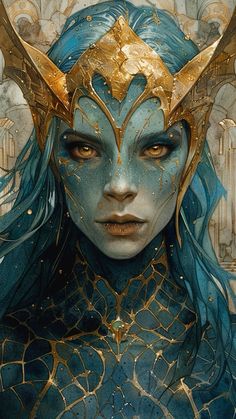 a woman with blue hair and gold makeup