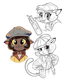 some character sketches from the cartoon series, including an image of a cat wearing a hat and