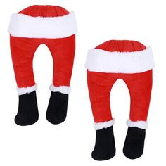 two red and white santa claus pants with black feet, one in the shape of a boot