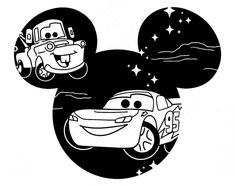 mickey mouse with cars in front of the moon and stars on his head, black and white