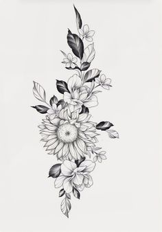 a black and white drawing of flowers with leaves on the bottom half of their petals