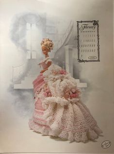 a barbie doll wearing a pink and white crochet dress with ruffles on the skirt