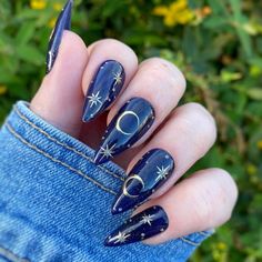 Navy Glitter Base and Gold Celestial Hand Painted Press on | Etsy Nails Star, Navy Blue Nails, Witchy Nails, Moon Nails, Blue Nail Designs, Blue Nail, Star Nails, Dope Nails, Creative Nails