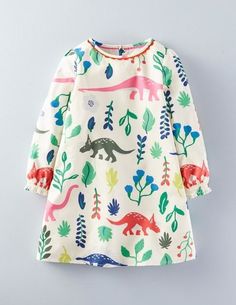 Florasaurus Smock Dress 33415 Day Dresses at Boden Toddler Girl Dresses, Mini Boden, Smock Dress, Toddler Fashion, Childrens Fashion, Toddler Dress, Cartoon Print, Kids Wear