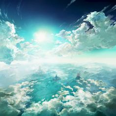 the sky is filled with white clouds and bright blue water, as seen from above