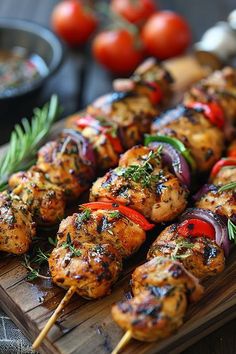 chicken and vegetable kabobs on a wooden cutting board with tomatoes, onions, and herbs