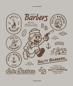 an image of some logos and stickers on a gray background with the words salty barbers