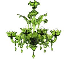 a green chandelier hanging from the ceiling with many lights on top of it