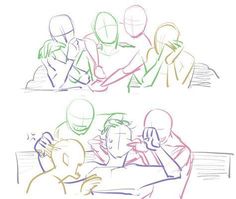 three different colored drawings of people sitting at a table with their hands on their heads