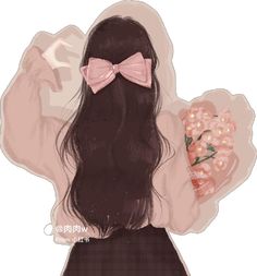 a drawing of a girl with long hair and a pink bow