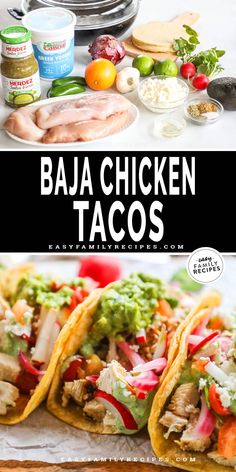 three tacos with chicken, lettuce and tomatoes on them in front of a plate