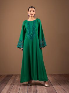 Ethereal Emerald Green Maxi Dress With Draped Sleeves, Spring Green Maxi Length Abaya, Green Maxi-length Abaya For Spring, Green Long Sleeve Abaya For Spring, Spring Green Long Sleeve Abaya, Long Sleeve Green Abaya For Spring, Bohemian Maxi Length Green Abaya, Elegant Green Spring Kaftan, Elegant Green Maxi Length Abaya