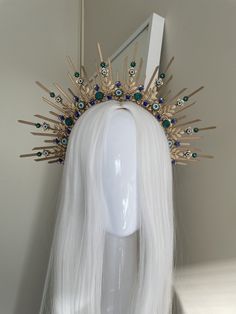 This blue halo crown will be perfect for any upcoming bridal or baby shower, party, festival/concert and/or photoshoot. All crowns are hand made to order using quality materials: cable/zip ties for their durability and flexibility, lightweight metal filigree, glass and resin cabochons, and rhinestones. Please allow 1 week for production. If you require the item in a designated timeframe, please send a message before purchasing and I will try my best to accommodate your order. Ziptie Crown, Medieval Queen, Gold Halo Crown, Medieval Crown, Crown Aesthetic, Festival Headpiece, Goddess Crown, Headpiece Diy, Diy Crown