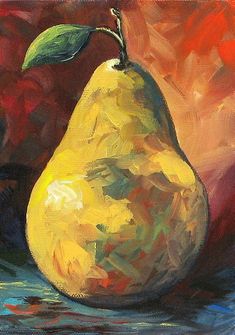 a painting of a pear on a table