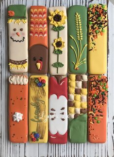 a group of decorated cookies sitting on top of a white table next to each other