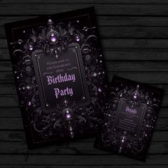 a purple birthday party card with an ornate frame on the front and back, in black