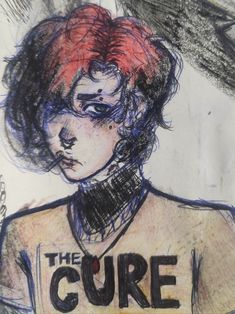 a drawing of a woman with red hair and the words the cure on it's chest