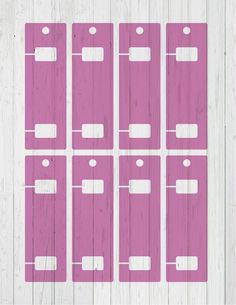 six pink door hangers with white labels on them, all in different sizes and shapes