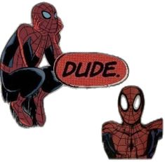 a spiderman with the word dude in front of him is sitting next to another character