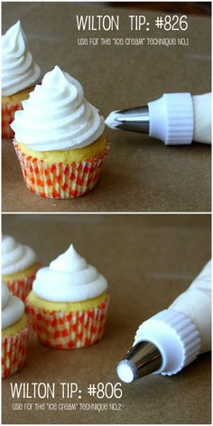 two pictures of cupcakes with icing and a pen in the middle one has white frosting on it