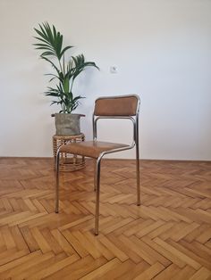 a chair sitting on top of a hard wood floor next to a potted plant