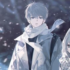 two anime characters standing in the snow with their arms around each other and looking at something