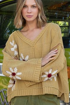 Cozy Long Sleeve Embroidered Sweater, Embroidered Knit Long Sleeve Sweater, Spring Wool Embroidered Sweater, Womens Daisy Sweater, Embroidered Knit Floral Sweater Chunky, Flower Sweater, Yellow Sweater, Honey Mustard, Baby Cold