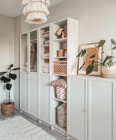 a room with white cupboards and plants on the shelves, including a plant in a basket