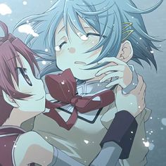 two anime characters with blue hair and red bows kissing each other in front of snowflakes