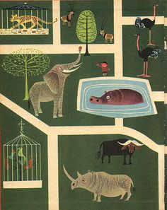 an illustrated map with animals and birds in the middle, including rhinos, elephants, giraffes