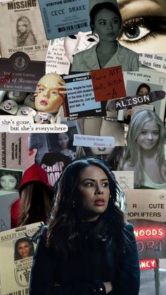 a collage of photos with different people and words on them, including an image of a woman's face