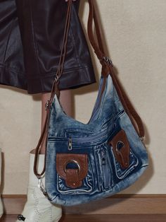 Vintage Style Premium Wash Denim Shoulder Bag Trendy Denim Hobo Bag For Travel, Denim Bags With Zipper Closure, On-the-go Denim Bag With Zipper Closure, Denim Shoulder Bag With Zipper For Travel, Large Capacity Dark Wash Denim Shoulder Bag, Large Capacity Denim Shoulder Bag In Dark Wash, Denim Shoulder Bag In Dark Wash With Large Capacity, Denim Blue Bag With Zipper Closure, Denim Blue Bags With Zipper Closure