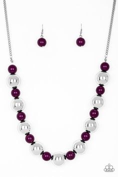 Polished purple beads and dramatic silver beads drape below the collar for a perfect pop of color. Features an adjustable clasp closure.

Sold as one individual necklace. Includes one pair of matching earrings. Necklace Top, Nickel Free Jewelry, Purple Beads, Jewelry Watch, Jewelry Catalog, Silver Bead Necklace, Purple Necklace, Paparazzi Accessories, Paparazzi Jewelry