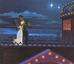 a painting of a man and woman dancing on a bridge at night with the city lights in the background